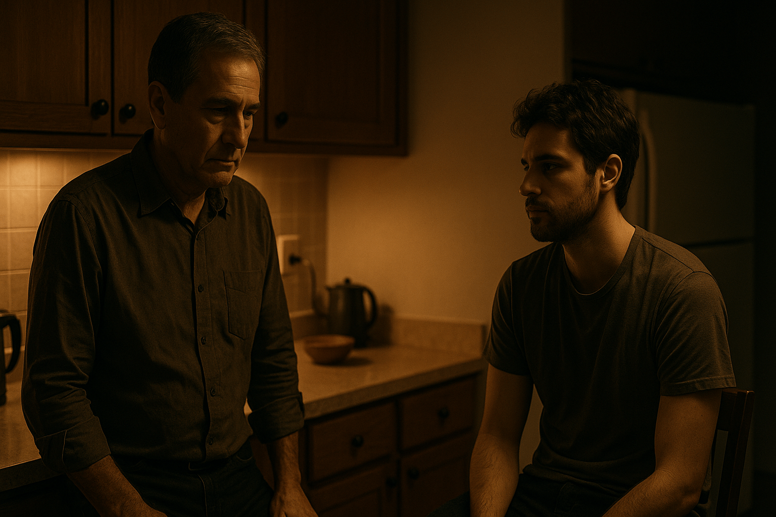padre y hijo en una cocina de noche, luz cálida tenue, ambos en silencio mirando en direcciones opuestas, atmósfera emocional de distancia y tensión suave, estilo realista, formato 16:9