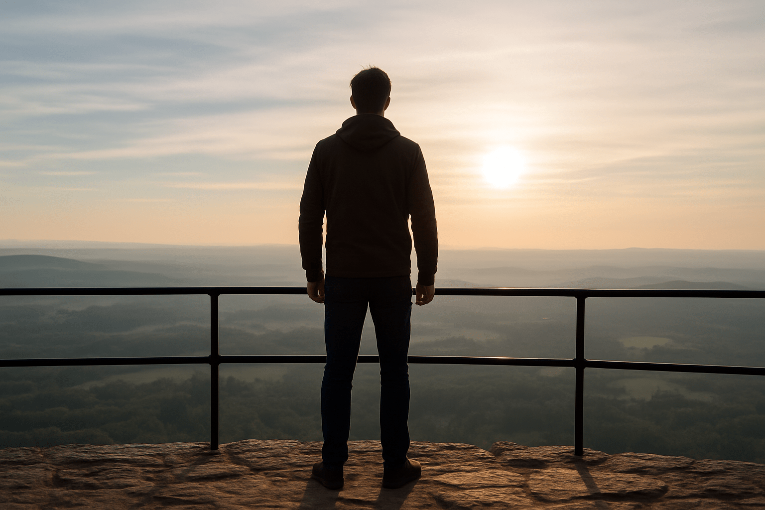 Persona de pie en un mirador observando el horizonte, simbolizando búsqueda de sentido, claridad interior y construcción consciente del propósito de vida.