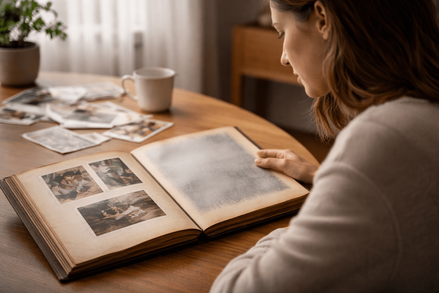 Persona adulta observando un álbum de fotos antiguo con páginas incompletas o borrosas, simbolizando vacíos de memoria infantil, introspección y búsqueda de sentido personal.