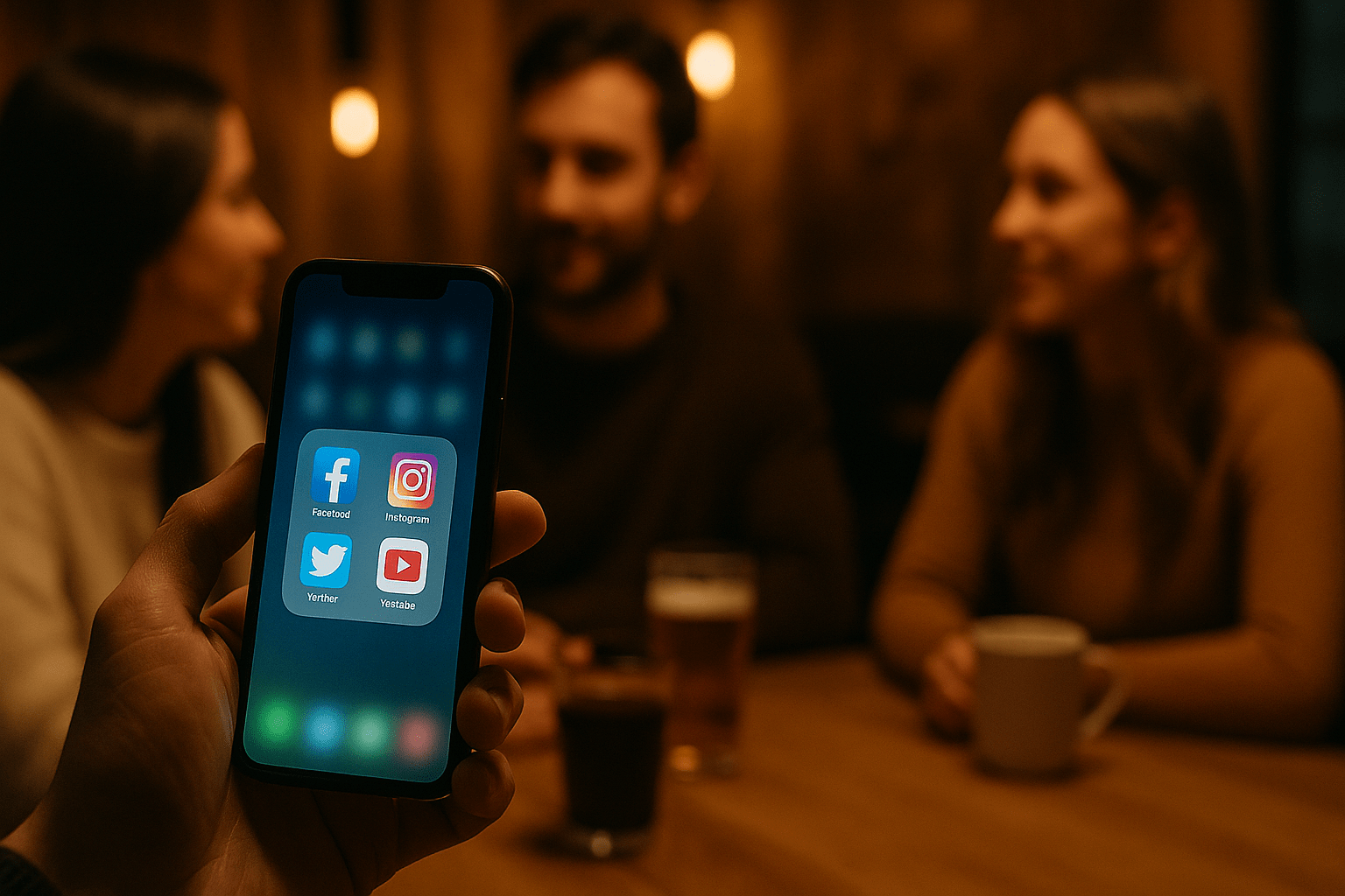 mano sosteniendo un celular con redes sociales abiertas mientras al fondo se ven personas compartiendo en una mesa desenfocada, contraste entre conexión digital y conexión humana real, luz cálida, formato 16:9