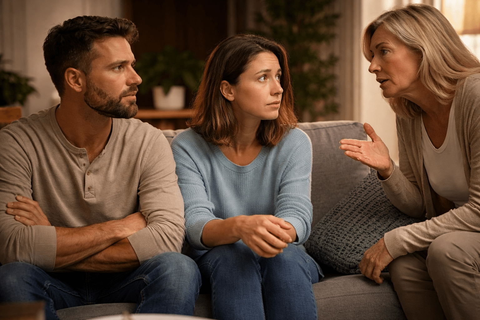 Pareja adulta sentada en un living mientras una mujer mayor interviene en la conversación desde un costado, mostrando tensión, interferencia familiar y falta de límites en la relación de pareja.