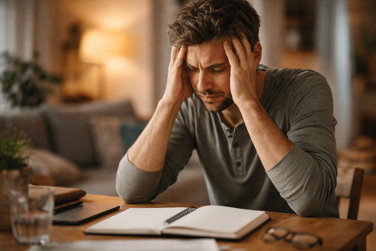 Adulto sentado con gesto de sobrecarga emocional, manos en la cabeza y postura tensa en un entorno cotidiano. La escena refleja desregulación emocional, saturación mental e impulsividad afectiva frecuentes en la vida adulta con TDAH.
