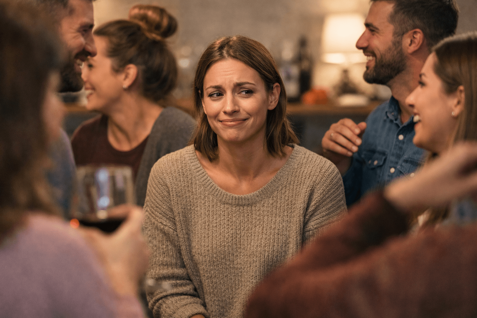 Persona rodeada de gente, sonriendo hacia afuera mientras su cuerpo expresa tensión y sobrecarga emocional. La imagen refleja el contraste entre la adaptación social constante y el malestar interno no expresado.