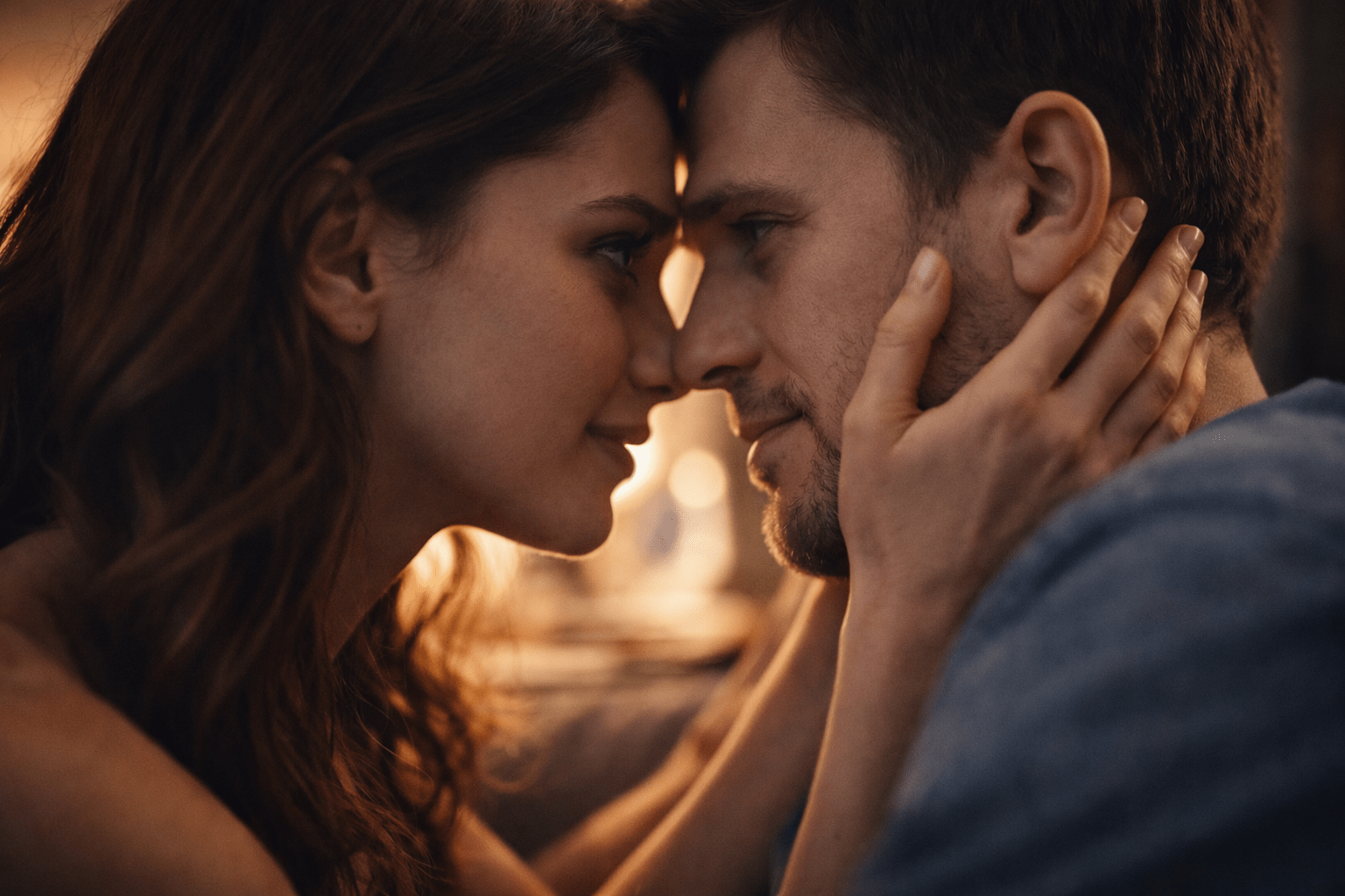 Pareja en primer plano mirándose con intensidad y cercanía, expresión de atracción y entusiasmo. La escena transmite el impulso del enamoramiento, la idealización inicial y la sensación de conexión urgente y luminosa.