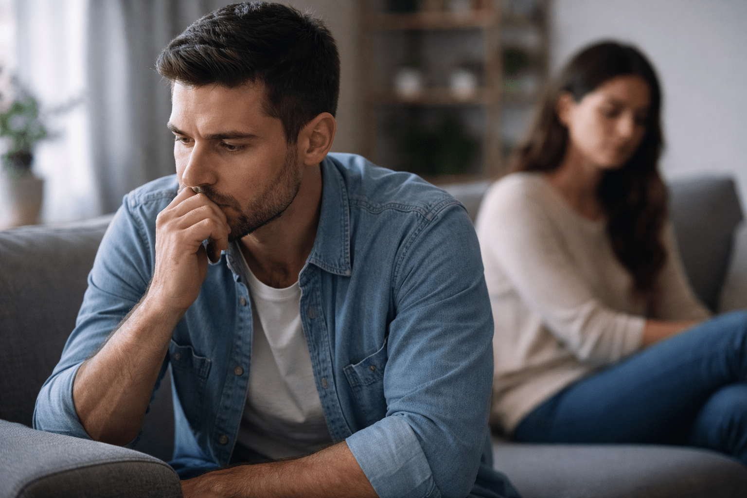 Persona sentada con expresión de inseguridad y pensamientos recurrentes, mientras su pareja aparece desenfocada en segundo plano. La imagen representa celos retrospectivos, rumiación mental y dificultad para soltar el pasado de la pareja.