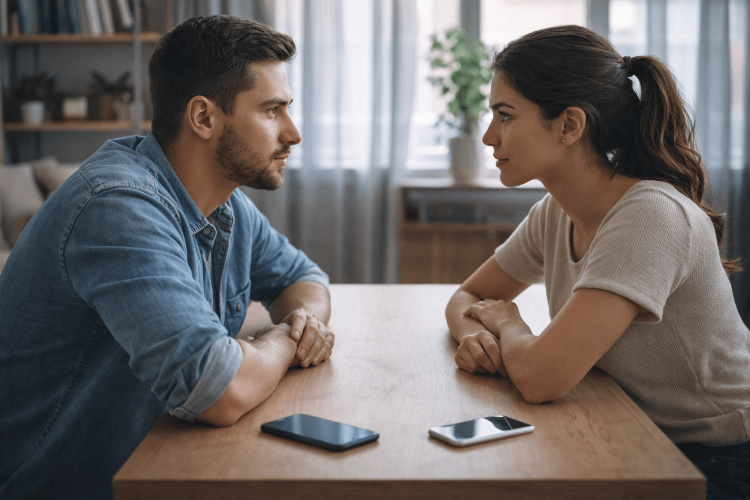 Pareja sentada frente a frente en una mesa, con los teléfonos móviles apoyados a un costado y fuera de uso, mirándose con atención. La imagen transmite presencia, conexión y acuerdos saludables sobre el uso del celular en momentos compartidos.