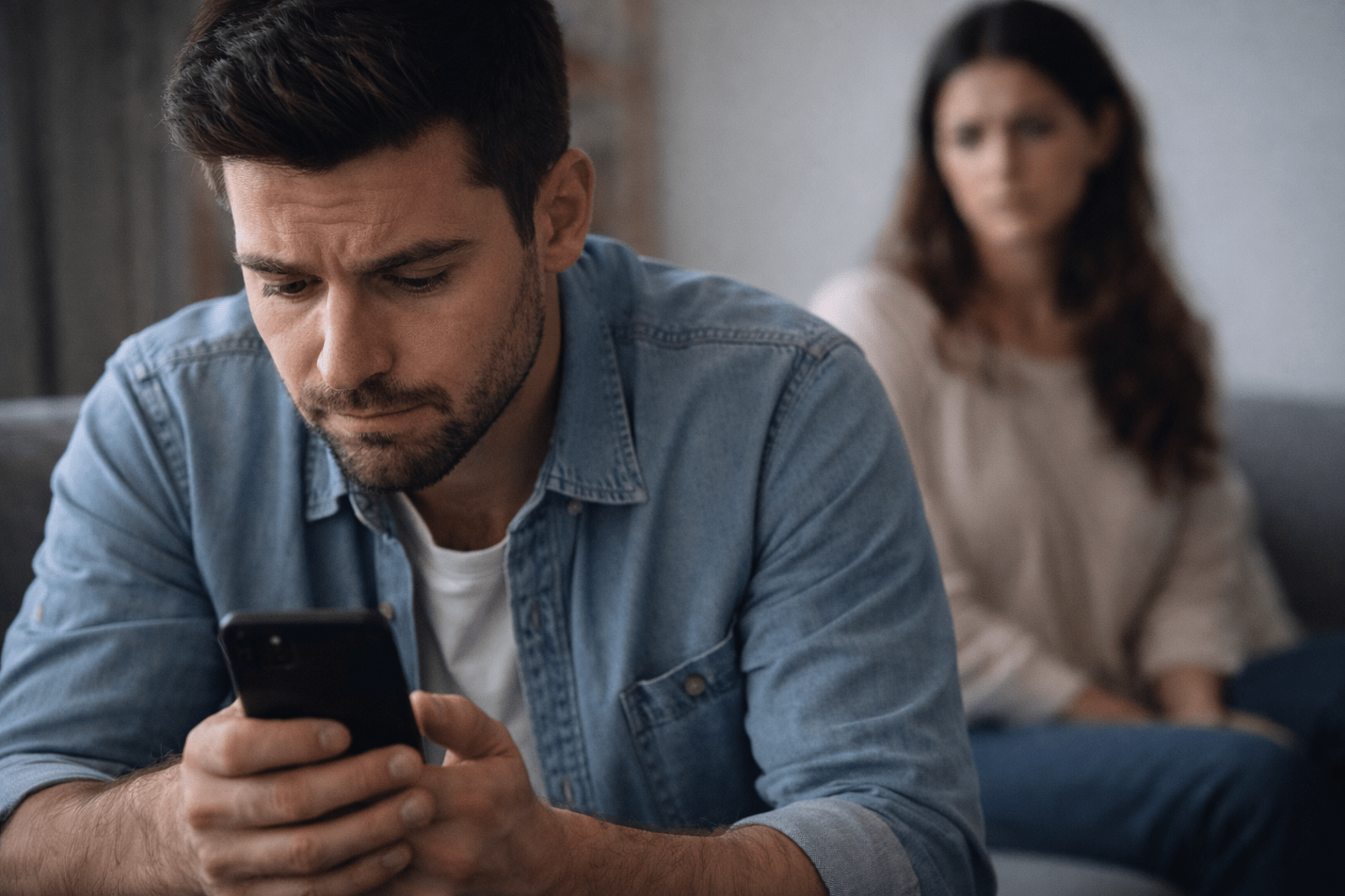 Persona mirando el celular con expresión de culpa mientras su pareja aparece desenfocada en segundo plano. La imagen representa infidelidad emocional, secreto, tensión relacional y el impacto en la confianza de pareja.