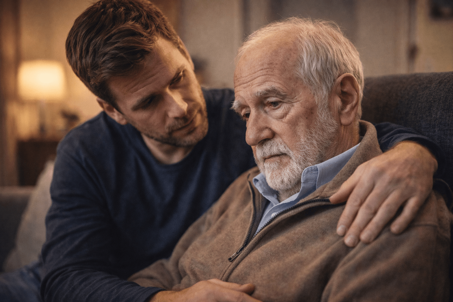 Hijo adulto acompañando a su padre mayor sentado, con gesto de cuidado y cansancio visible. La imagen refleja inversión de roles, carga emocional y vínculo afectivo en el proceso de cuidar a los padres.