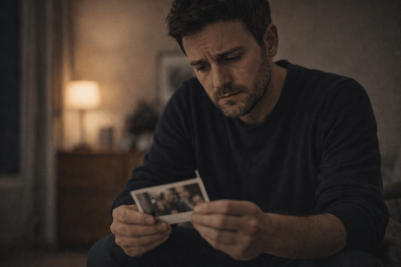 Hombre sentado solo en una habitación, observando una foto antigua con expresión de nostalgia y tristeza. La imagen representa el duelo inconcluso, la memoria emocional activa y la dificultad para soltar un vínculo pasado.