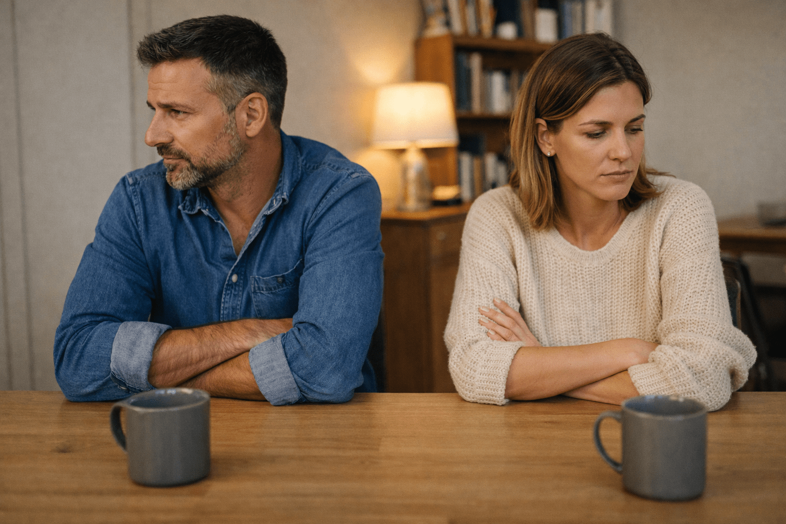 Pareja sentada frente a frente en una mesa, con distancia corporal visible y gestos de tensión emocional, representando silencio, desconexión y falta de cuidado afectivo dentro de la relación.