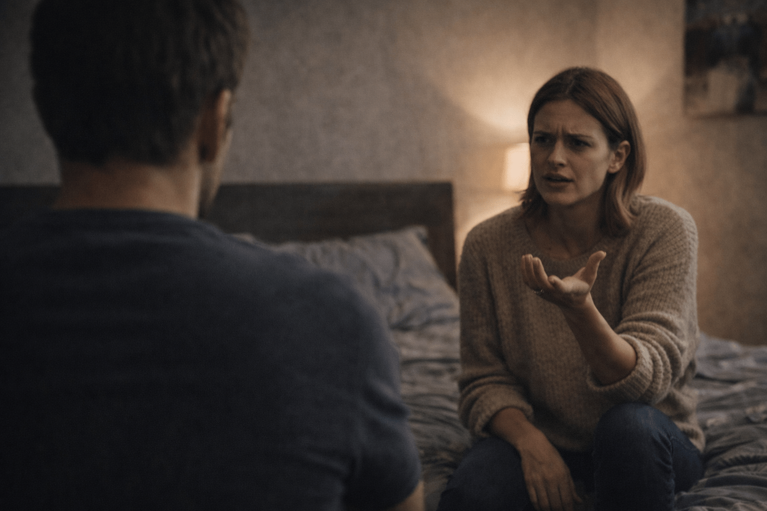 Pareja en una habitación, una persona de espaldas y la otra intentando hablar con gesto de tensión y reclamo. La escena transmite distancia emocional, quiebre de confianza y dificultad para comunicarse tras una mentira.
