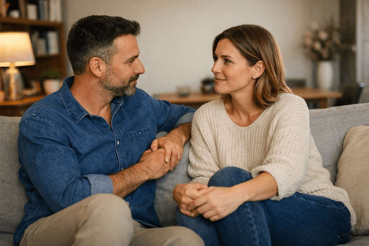 Pareja adulta conversando sentada en un sillón en un ambiente hogareño, con gestos de escucha, calma y conexión emocional, representando diálogo consciente, acuerdos y respeto mutuo en una relación.
