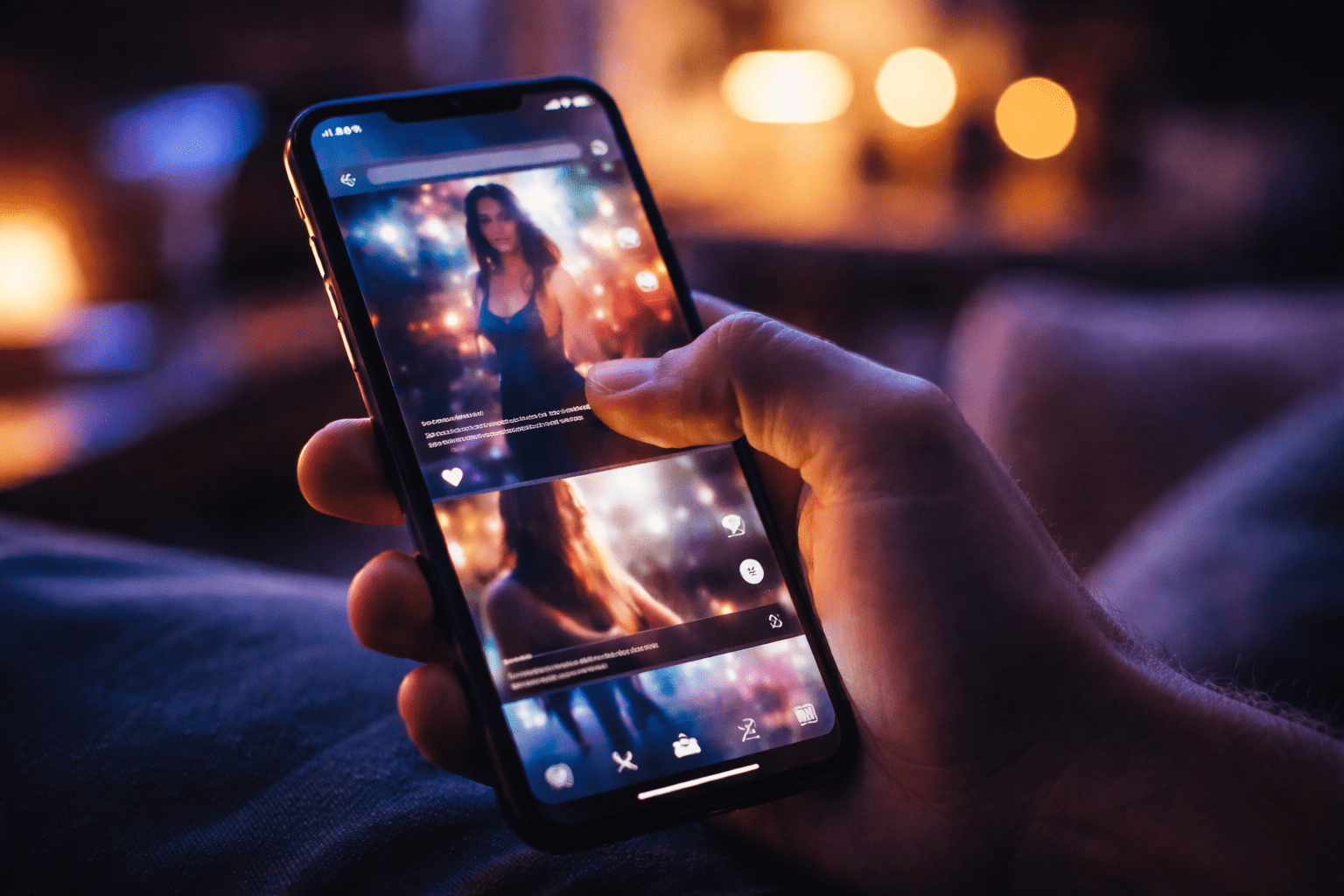Primer plano de una mano deslizando videos en la pantalla de un teléfono móvil en un ambiente nocturno y sobreestimulado. La escena refleja consumo automático de videos cortos, hiperestimulación visual y fatiga mental asociada al uso intensivo de redes sociales.