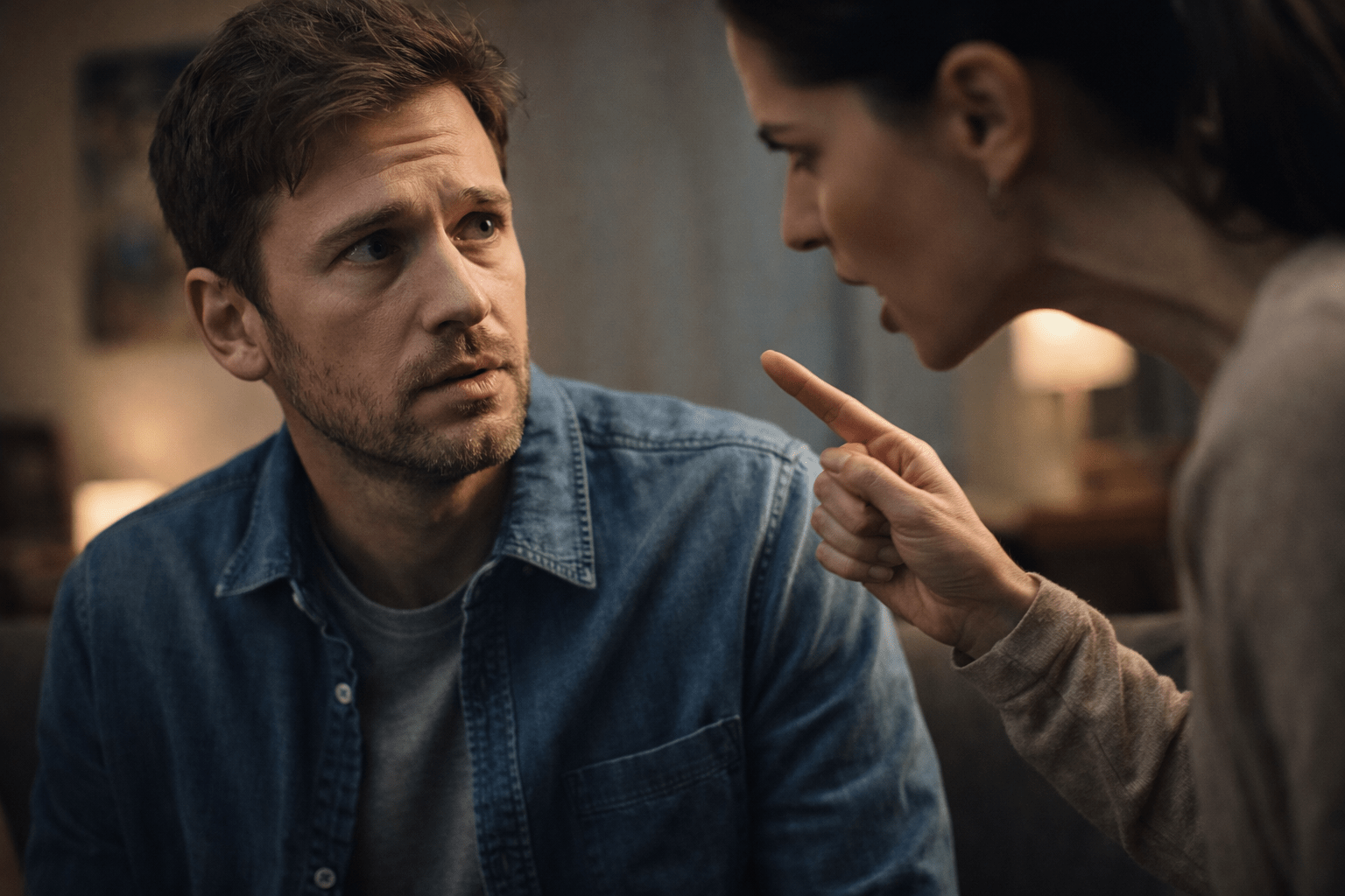 Persona con expresión confundida y mirada insegura mientras otra le habla con gesto dominante y postura invasiva. La escena refleja manipulación emocional, desbalance de poder y tensión psicológica propios de una relación narcisista.
