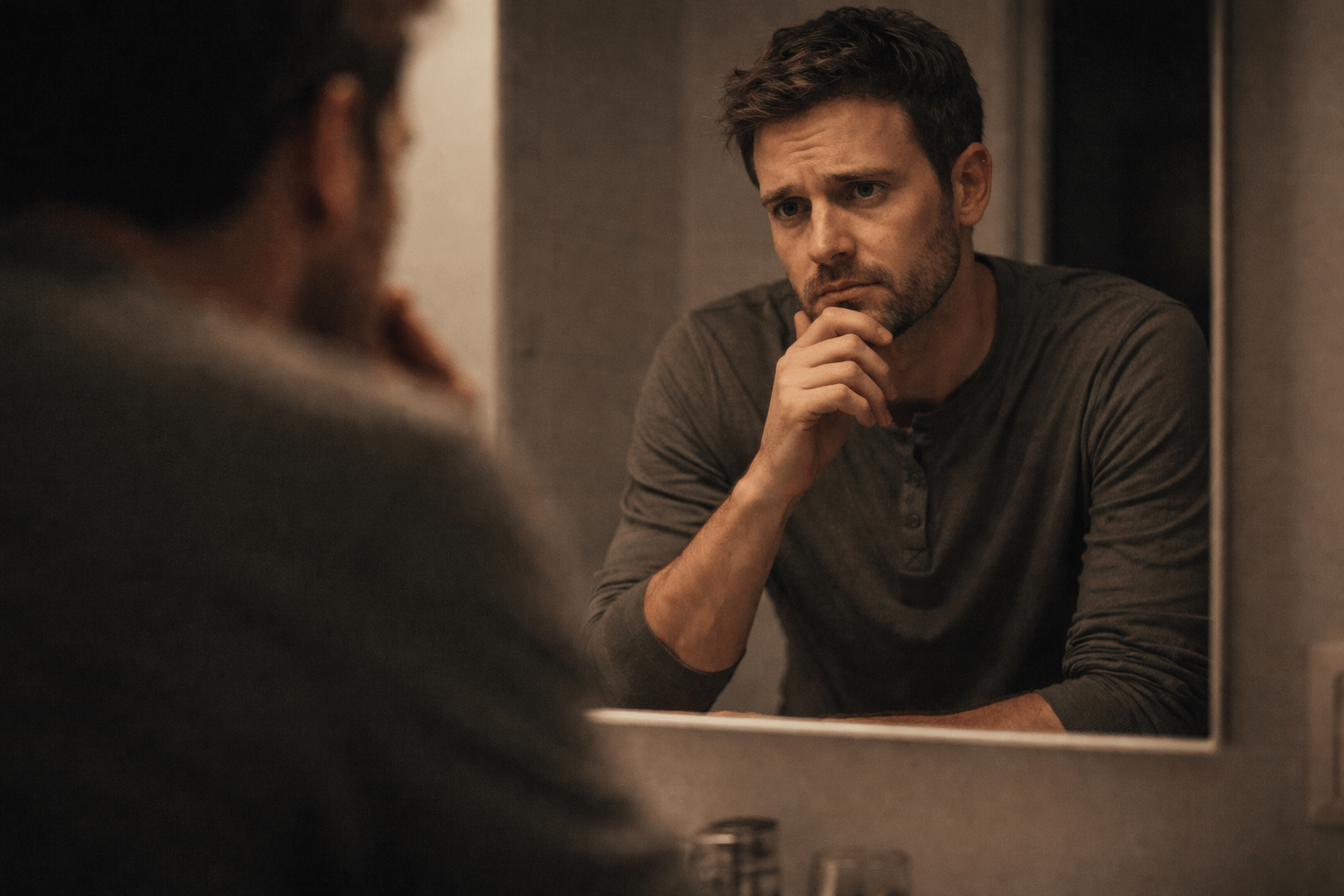 Persona frente a un espejo, observándose con gesto reflexivo y cuestionamiento interno. La imagen representa la toma de conciencia sobre los patrones repetidos en las relaciones y el inicio de una mirada hacia la propia historia emocional.