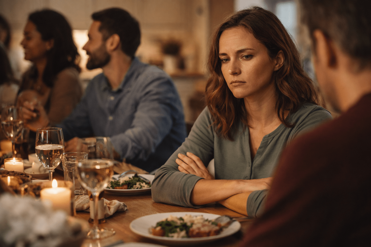 Persona sentada a la mesa con otras personas alrededor, pero con expresión distante y mirada baja. Aunque está acompañada, su postura cerrada y su gesto reflejan soledad emocional y desconexión afectiva en un contexto social cotidiano.