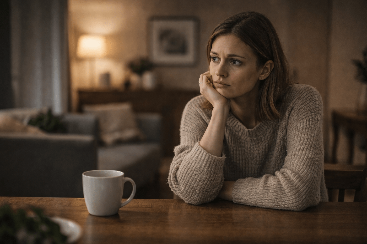 Persona sentada sola en una mesa familiar vacía, con mirada pensativa y gesto de distancia emocional. La imagen representa la sensación de incomprensión, soledad y falta de validación dentro del ámbito familiar.