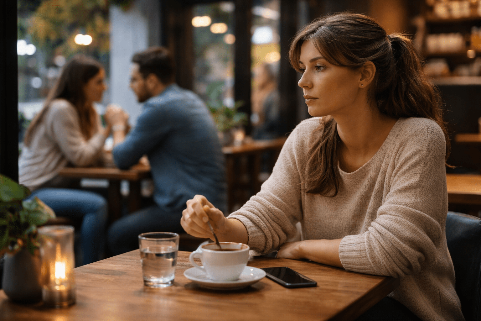 Persona sentada sola en un café mirando a parejas alrededor, con gesto introspectivo, representando soledad no deseada, comparación social y reflexión sobre la dificultad para construir una relación estable.