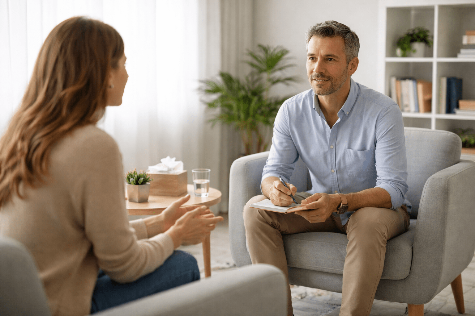 Terapeuta y consultante sentados frente a frente en un espacio simple y luminoso, con postura abierta y clima de claridad y enfoque. La escena transmite acompañamiento profesional, escucha activa y un proceso terapéutico breve orientado a soluciones.