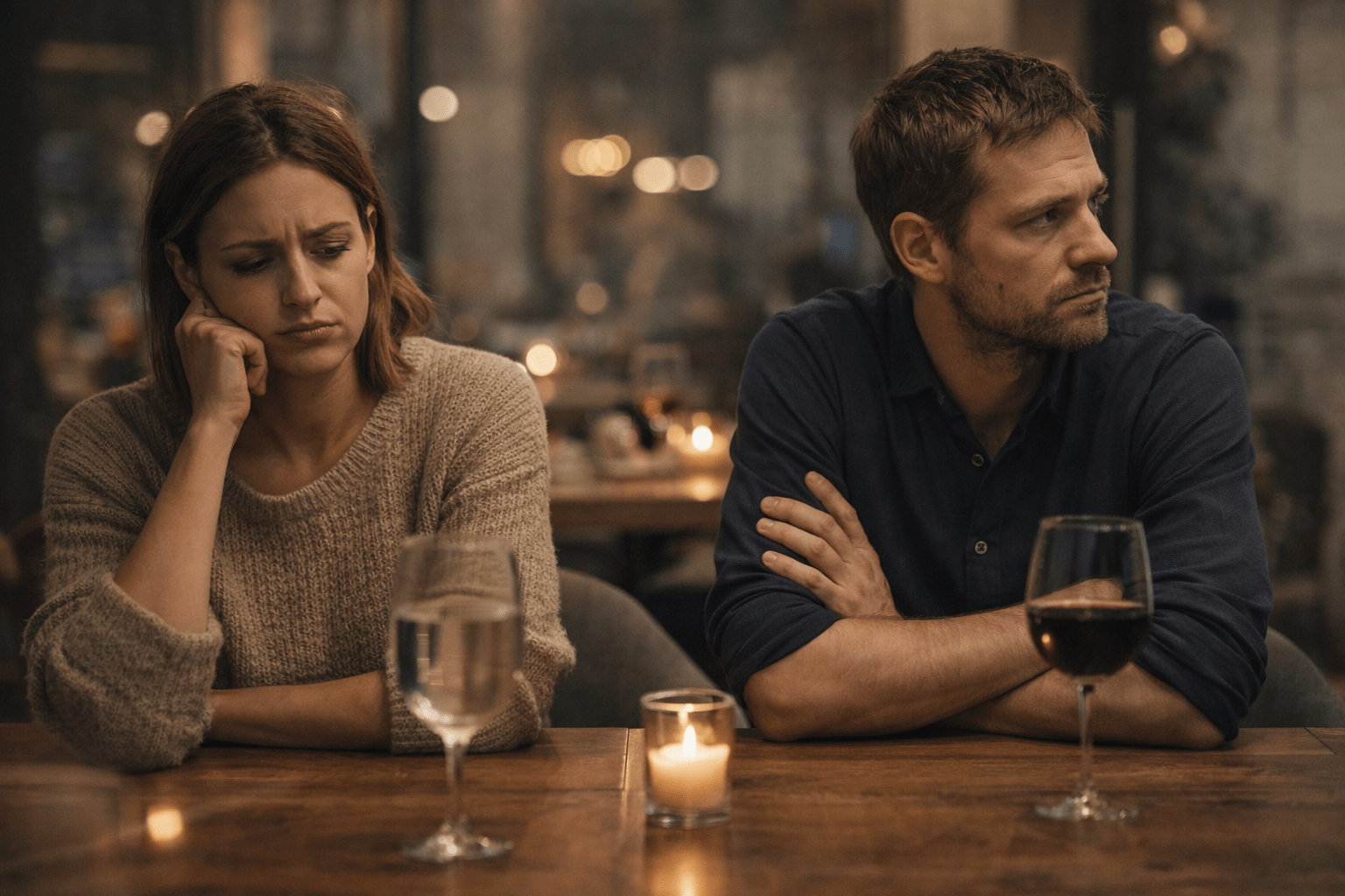 Pareja sentada frente a frente en una mesa, en silencio y con gestos de distancia emocional. La imagen refleja tensión, desconexión y repetición de dinámicas vinculares dolorosas.