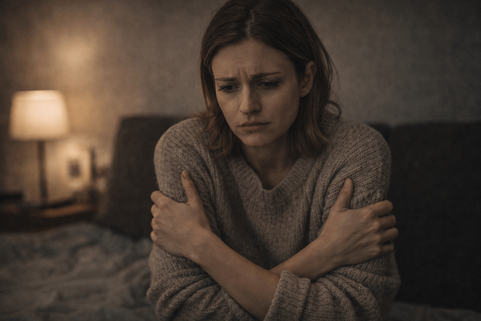 Persona sentada sola, abrazándose a sí misma, con expresión de tristeza y confusión emocional. La imagen representa el impacto invisible de la violencia psicológica y el repliegue interno que genera.