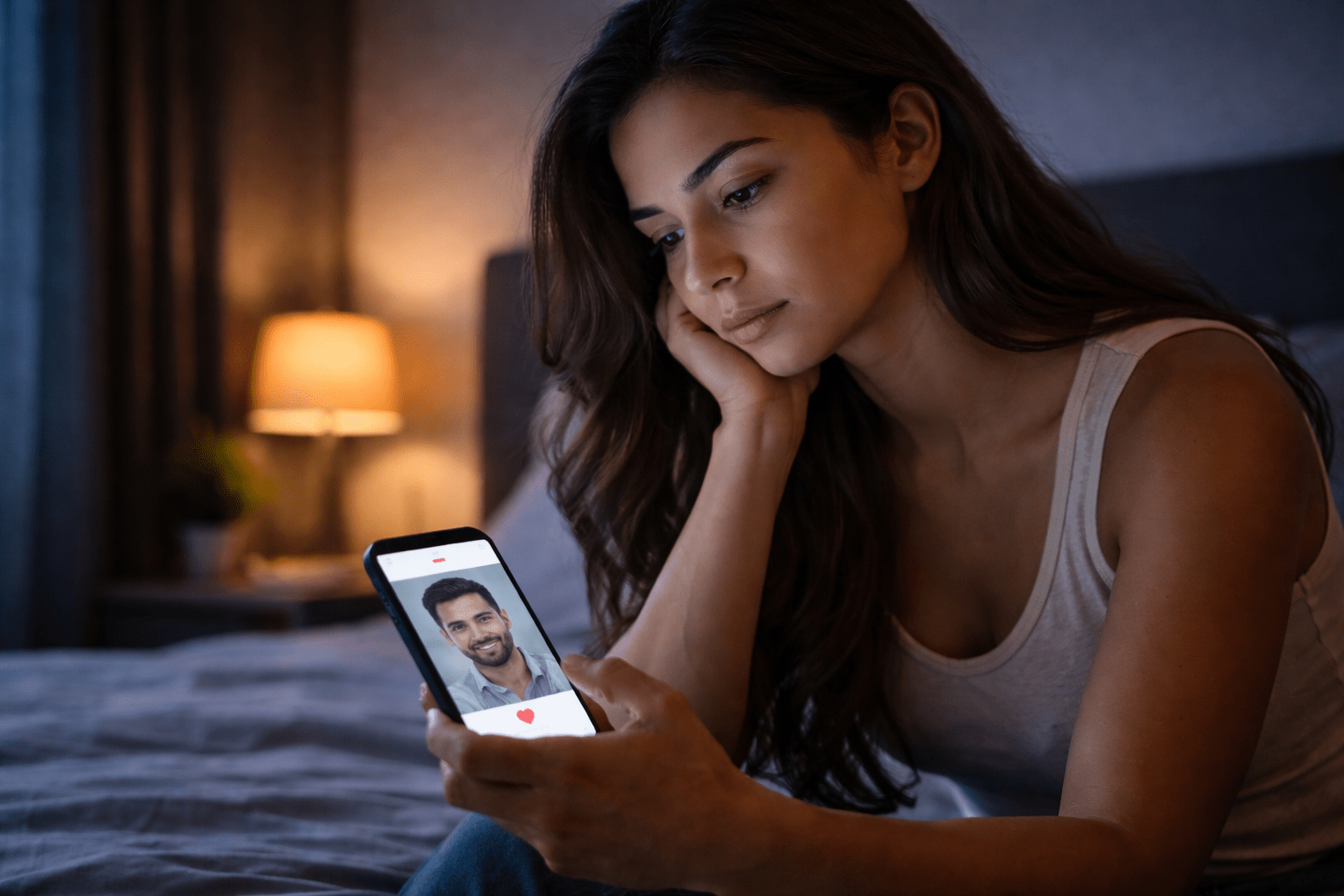 Mujer latina sentada en su cama por la noche utilizando una aplicación de citas en su celular con expresión reflexiva y luz tenue en el dormitorio
