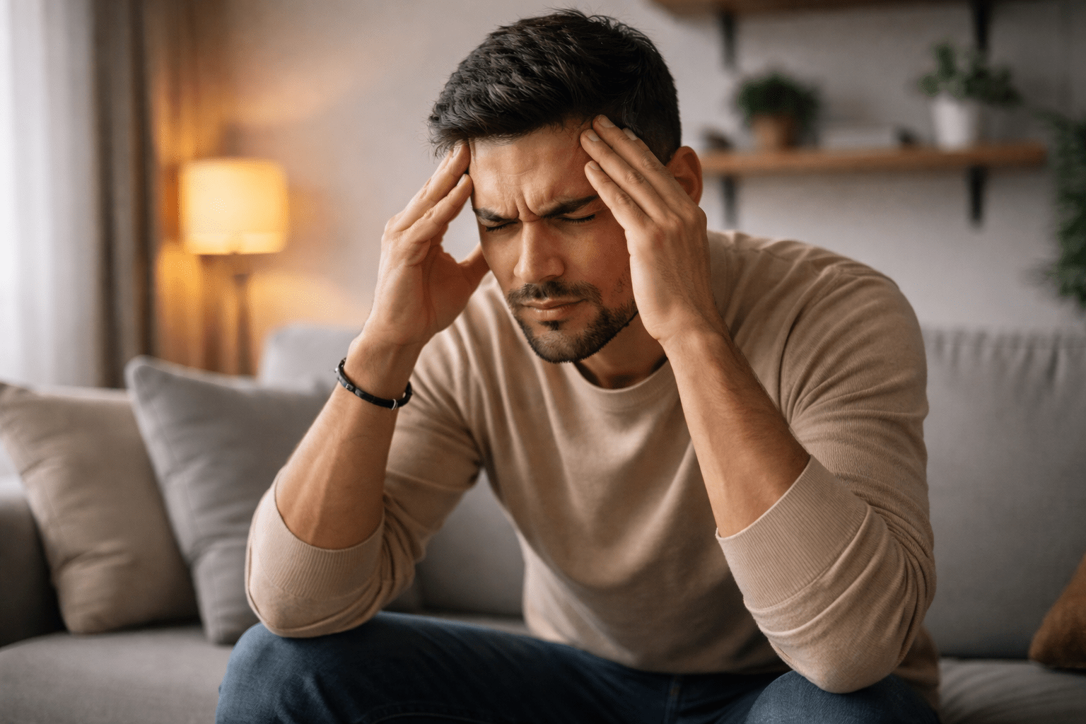 Hombre latino sentado en un sillón con expresión de tensión y manos apoyadas en las sienes, ambiente doméstico con luz cálida lateral, fotografía horizontal 16:9 que transmite sobrecarga emocional.