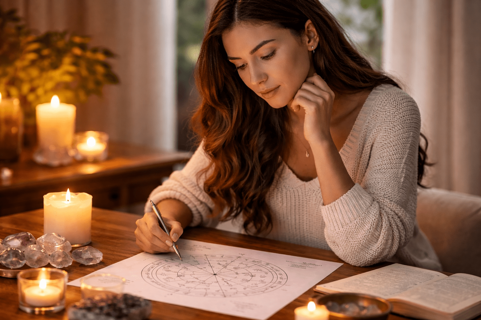 Mujer joven observando una carta astral impresa sobre una mesa de madera con velas encendidas y cristales, ambiente cálido e íntimo, fotografía horizontal 16:9 con enfoque espiritual y reflexivo.