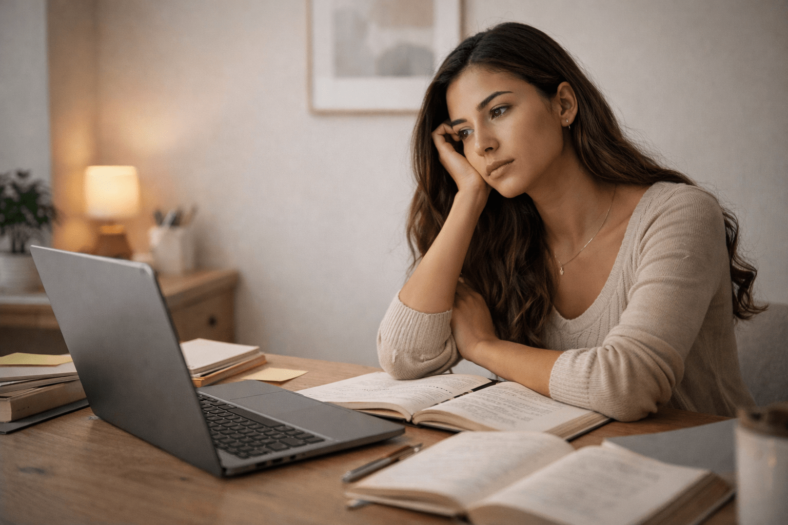 Mujer joven sentada frente a una laptop con cuadernos abiertos sobre un escritorio de madera, mirada reflexiva hacia el vacío, luz natural suave entrando por la ventana, fotografía horizontal 16:9 con ambiente íntimo y contemplativo.