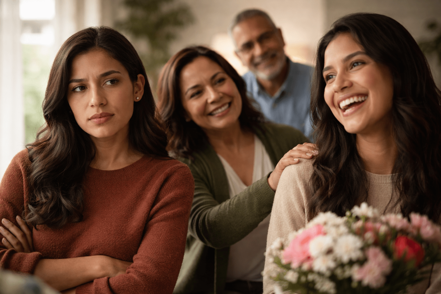 Mujer latina observando con gesto serio a otra persona que recibe elogios en una reunión familiar, reflejando rivalidad y celos dentro del entorno familiar.