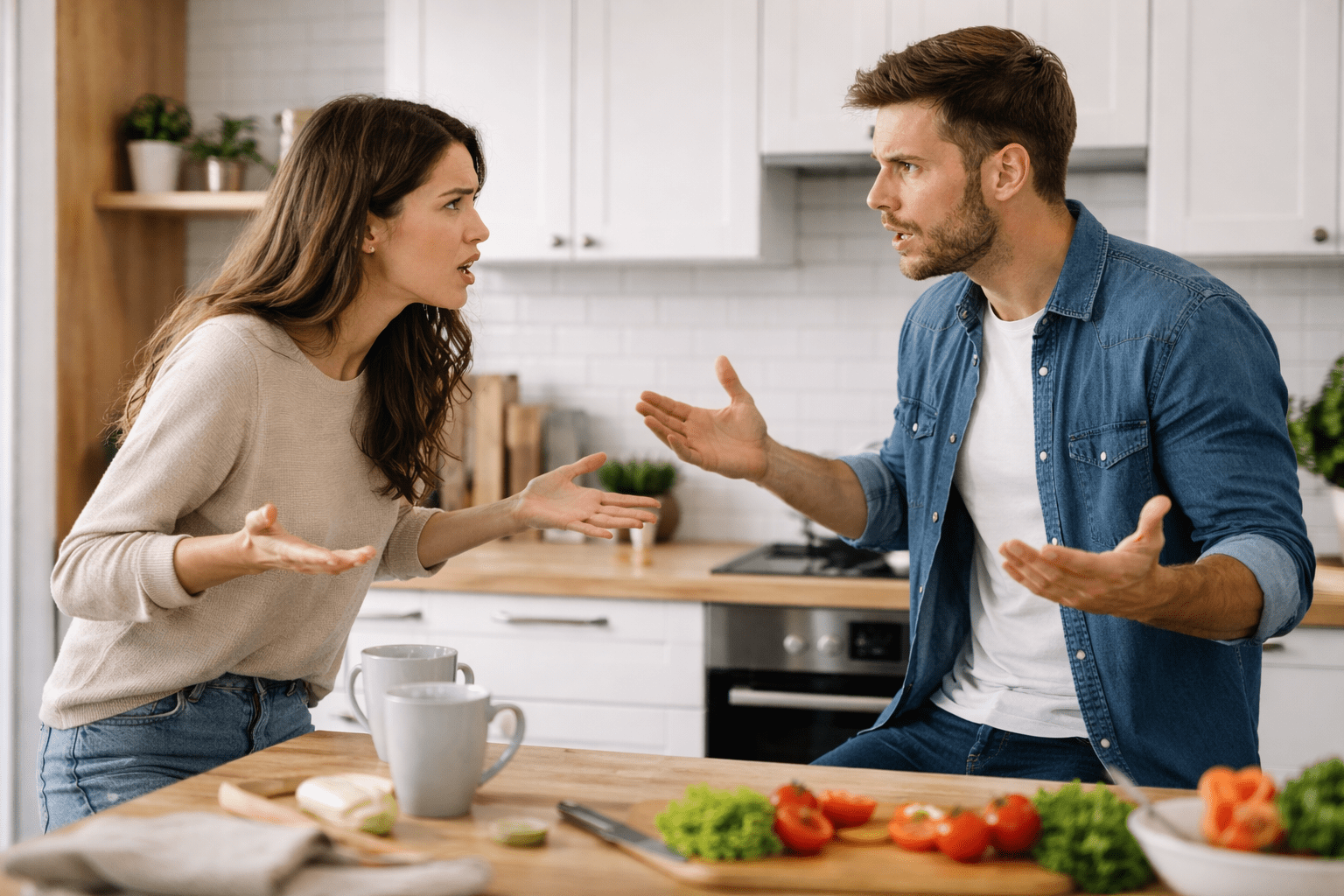 Pareja discutiendo en la cocina con gestos de tensión y distancia emocional en un ambiente doméstico moderno