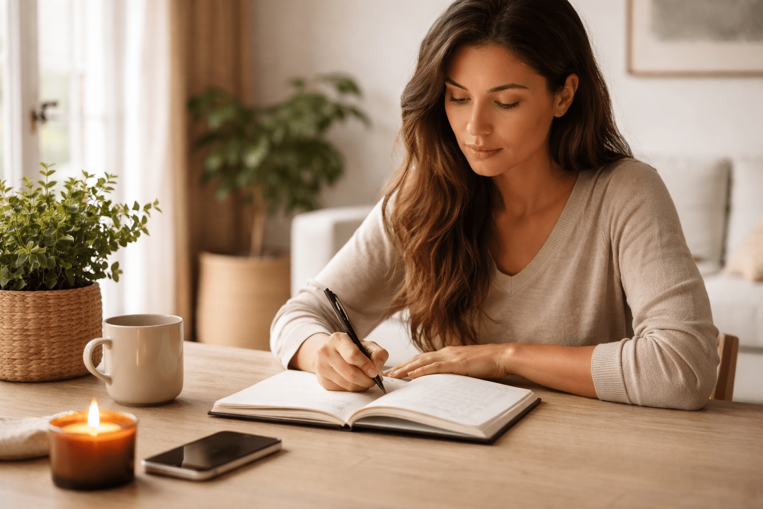 Persona escribiendo en un cuaderno en una mesa minimalista con luz natural suave entrando por la ventana, ambiente sereno, gesto concentrado y reflexivo, representando proceso de toma de decisiones consciente.