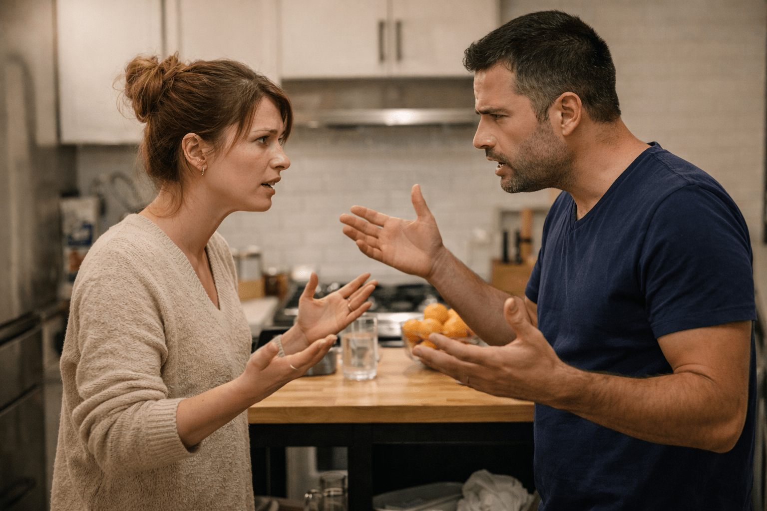 Pareja discutiendo en la cocina de su casa, con gestos tensos y miradas cargadas, representando el desgaste emocional de vivir en discusiones diarias dentro del vínculo.