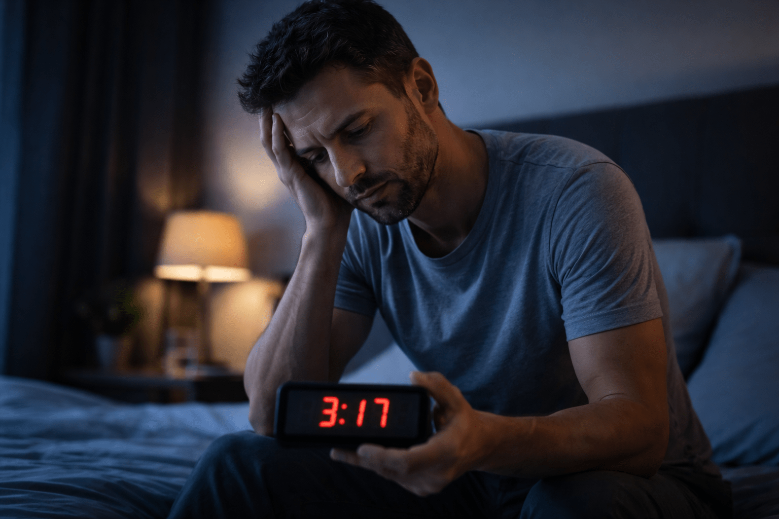 Hombre adulto sentado en la cama durante la noche mirando el reloj con expresión de frustración en dormitorio tenue