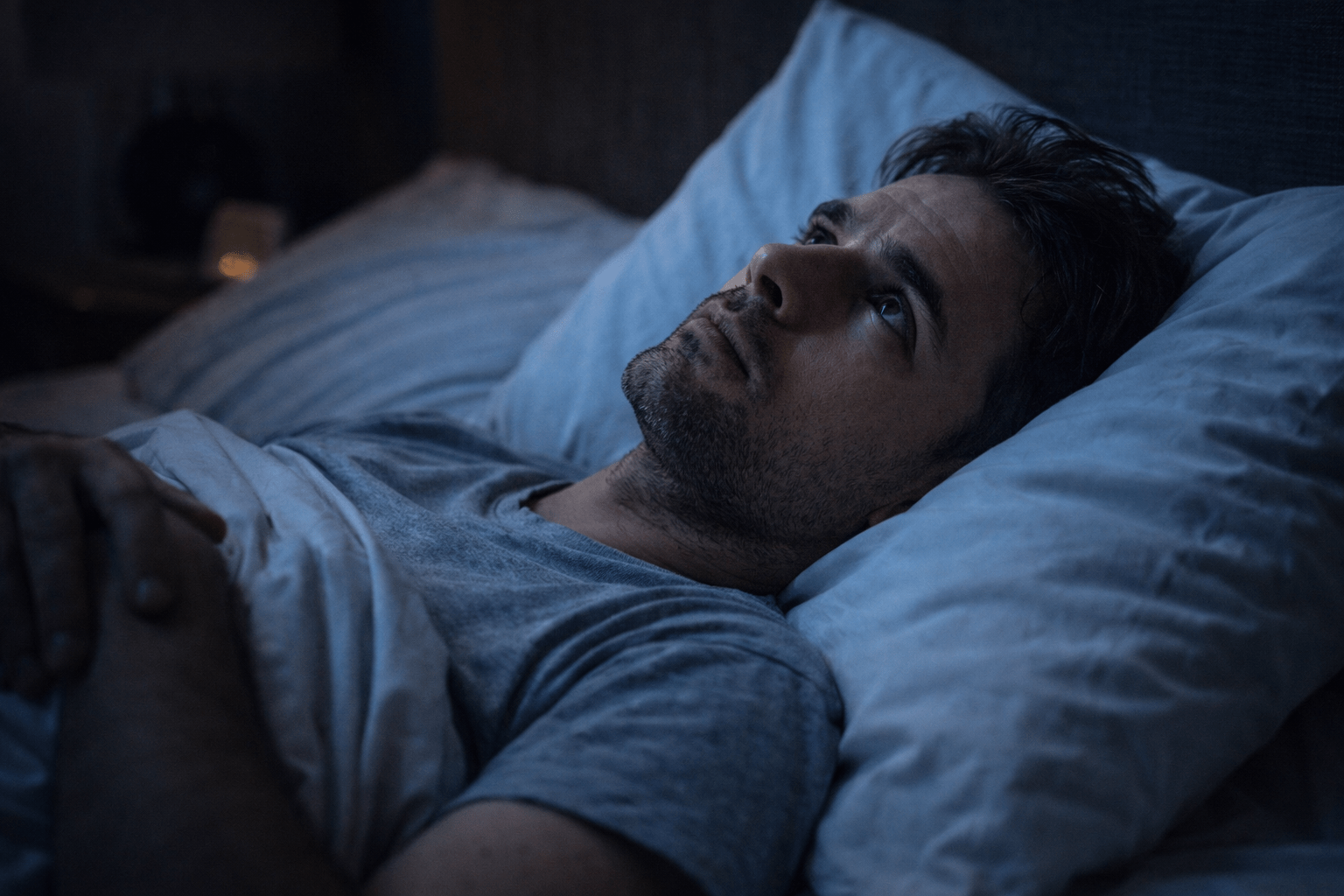 Hombre acostado en la cama durante la noche, con los ojos abiertos y gesto de cansancio, representando el insomnio y la mente activa que no logra descansar.