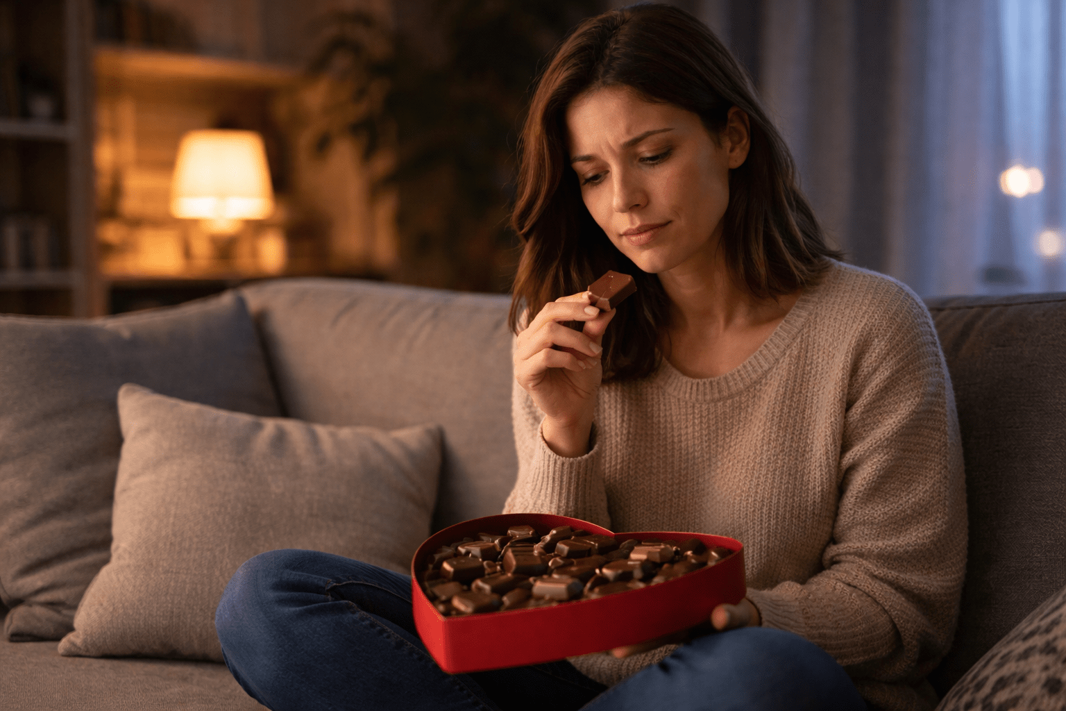 Mujer sentada en sofá por la noche mirando una caja de chocolates con expresión reflexiva y gesto de duda en ambiente hogareño cálido