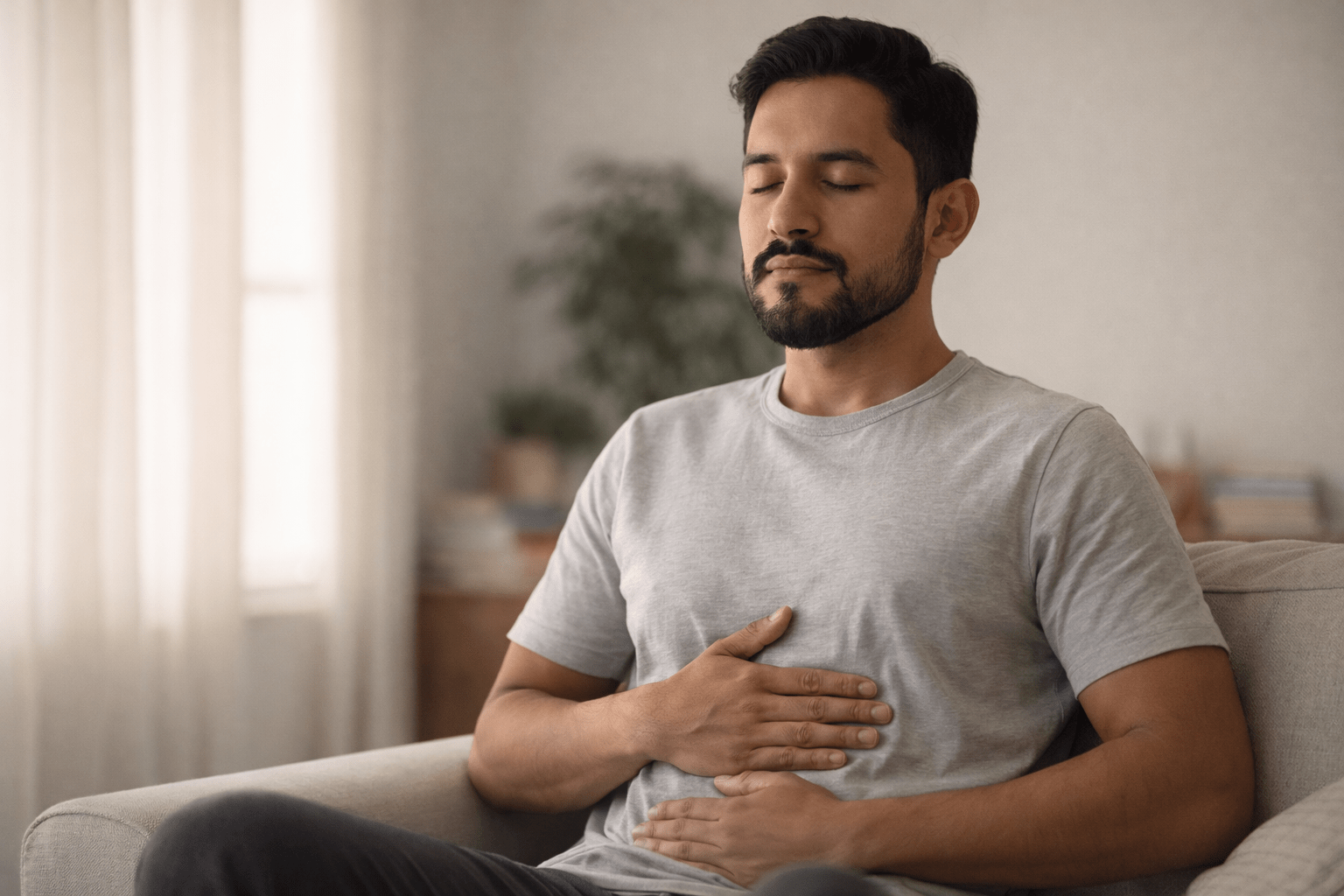 Hombre latino sentado en silencio con ojos cerrados y manos sobre el abdomen en un espacio luminoso, reflejando introspección y conexión emocional durante un proceso de sanación integral.