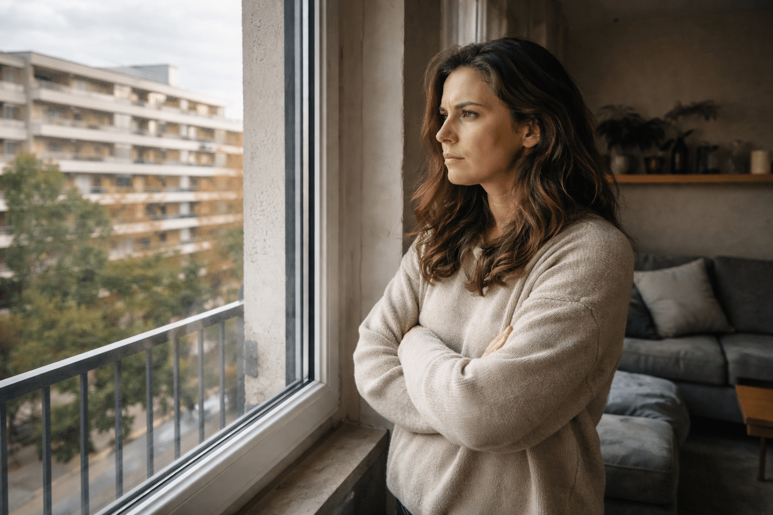 Mujer de pie junto a una ventana en su hogar, con gesto de enojo contenido e introspección, en una escena cotidiana que refleja la rabia persistente tras una ruptura de pareja.