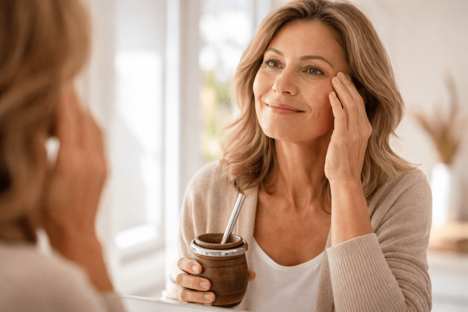 Mujer adulta sonriendo frente al espejo mientras toca suavemente sus líneas de expresión y sostiene un mate, reflejando aceptación serena del paso del tiempo.