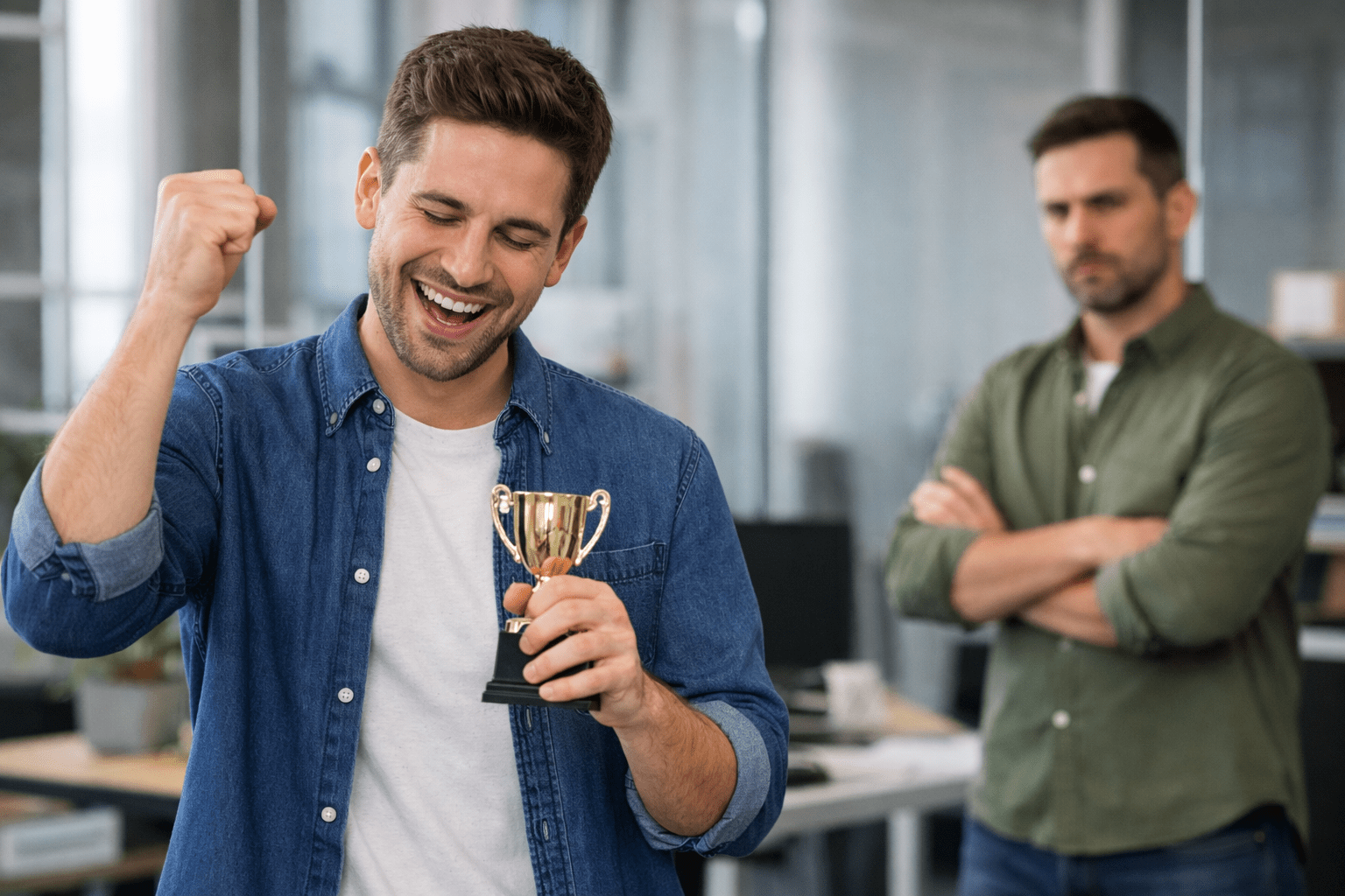 Persona celebrando un logro laboral mientras un compañero observa con gesto serio al fondo en una oficina moderna.