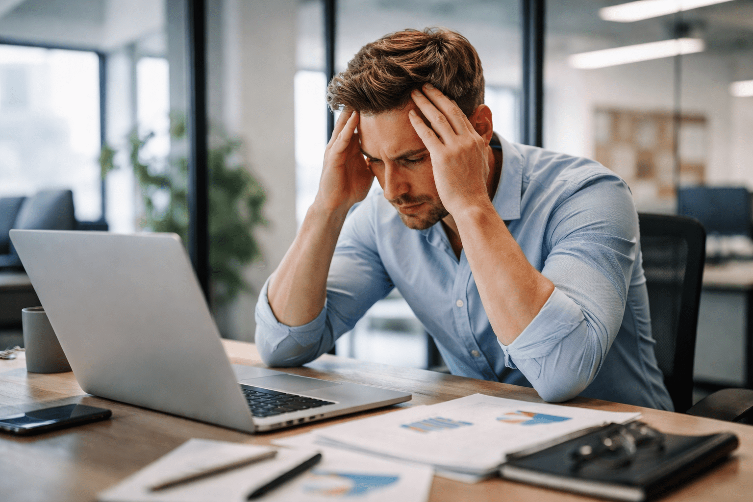 Hombre adulto en oficina moderna con gesto de frustración frente a su computadora, manos en la cabeza y documentos sobre el escritorio