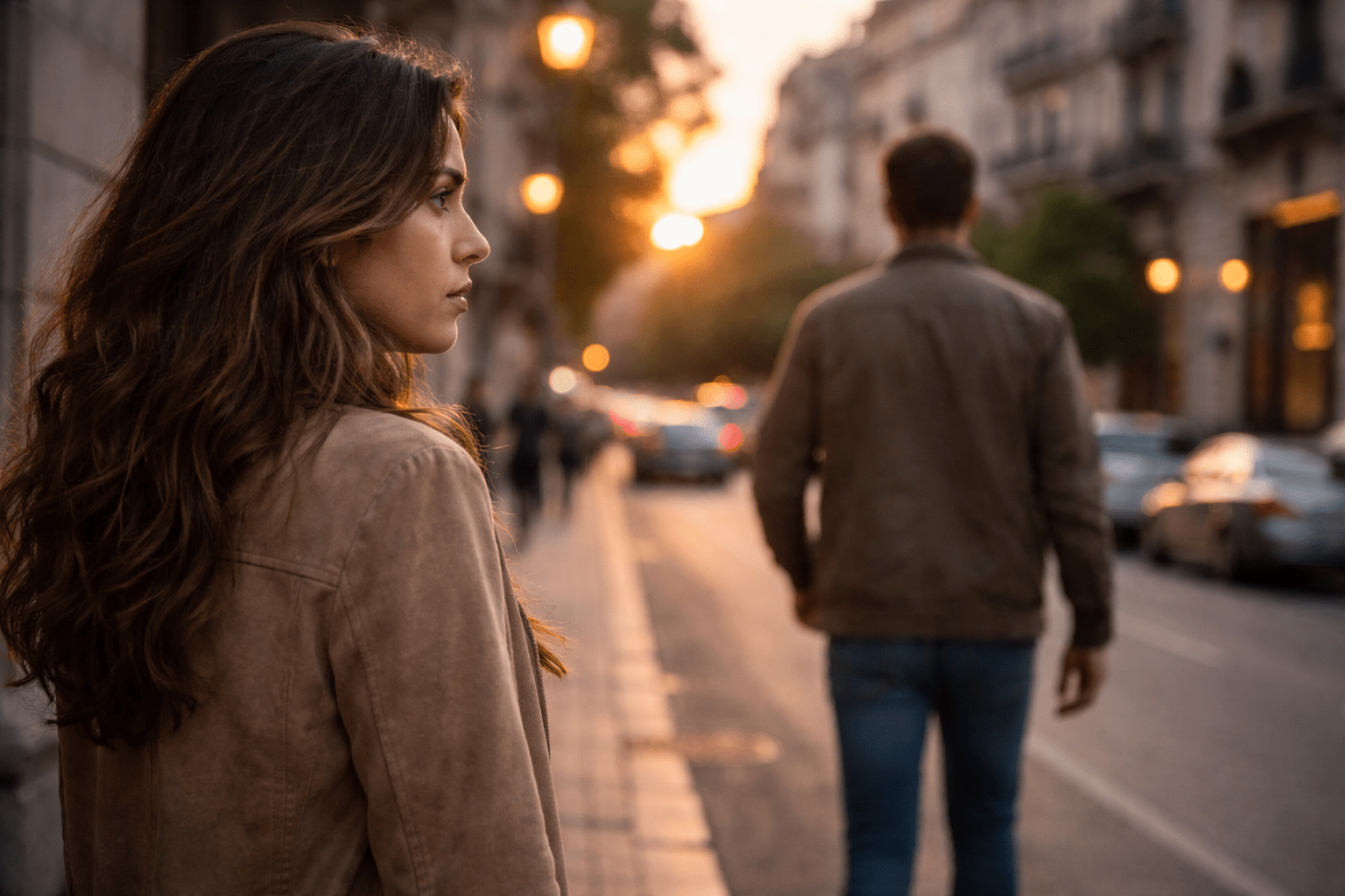 Mujer argentina mirando a un hombre que se aleja caminando por una calle urbana de Buenos Aires al atardecer, con expresión de tristeza y sensación de distancia emocional.