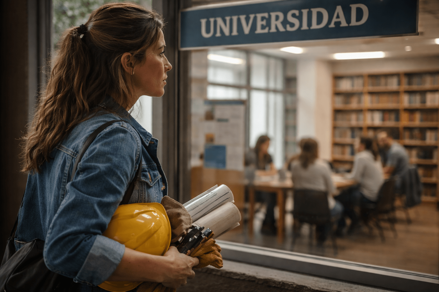 Mujer adulta con casco y planos en la mano mirando a través de la ventana de una universidad con expresión reflexiva sobre estudios académicos
