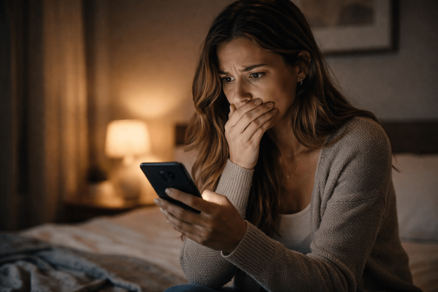 Mujer joven sentada en el borde de la cama mirando su celular con expresión de shock y tristeza en un ambiente nocturno íntimo
