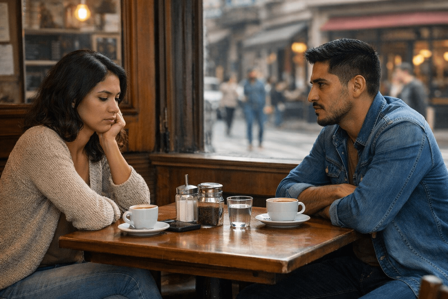 Pareja latina sentada frente a frente en un café tradicional argentino, con distancia emocional visible y tensión en el ambiente.