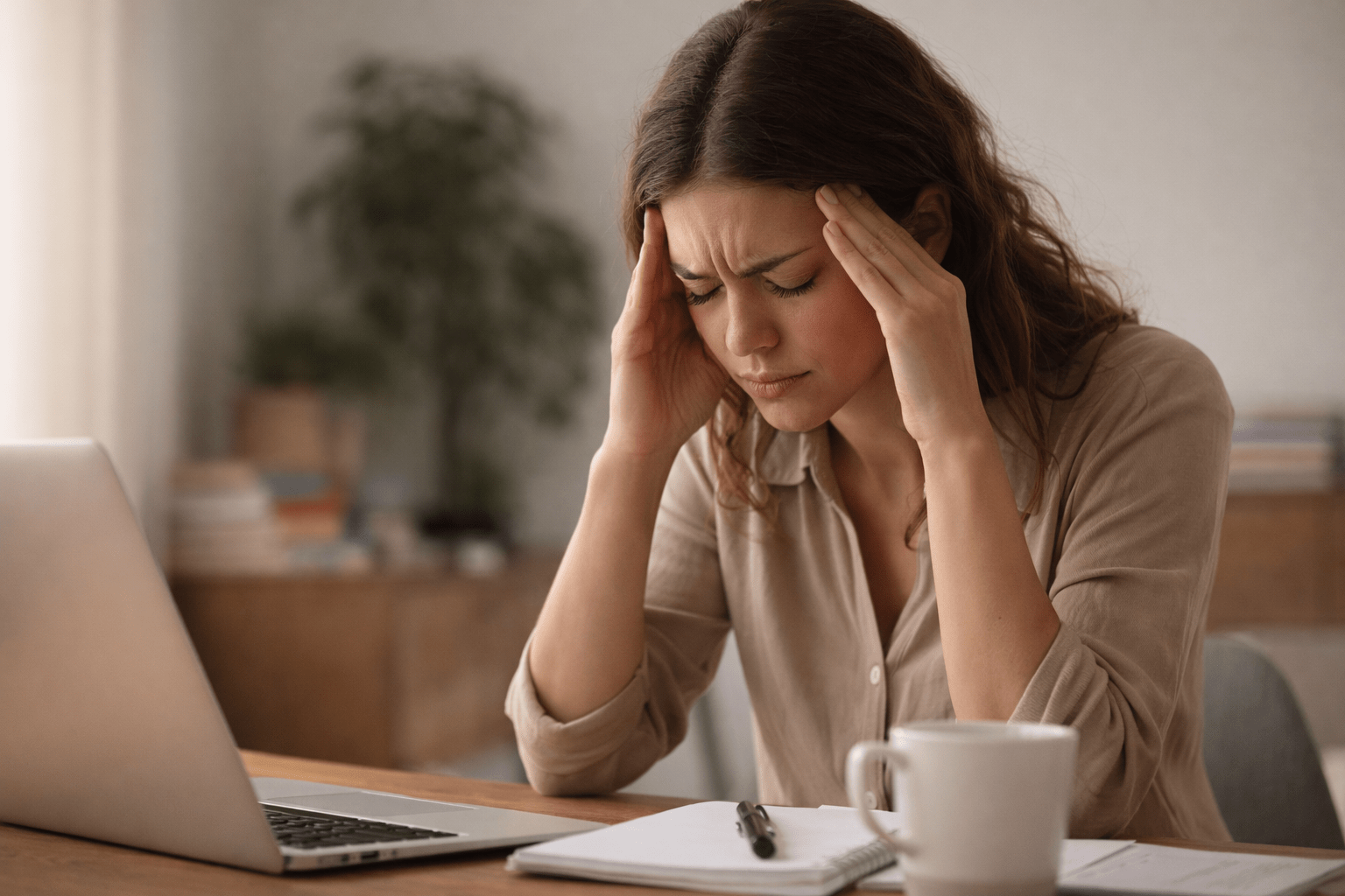 Mujer sosteniendo su cabeza con gesto de tensión mientras está sentada en un escritorio con luz suave entrando por la ventana, reflejando dolor de cabeza asociado al estrés emocional.