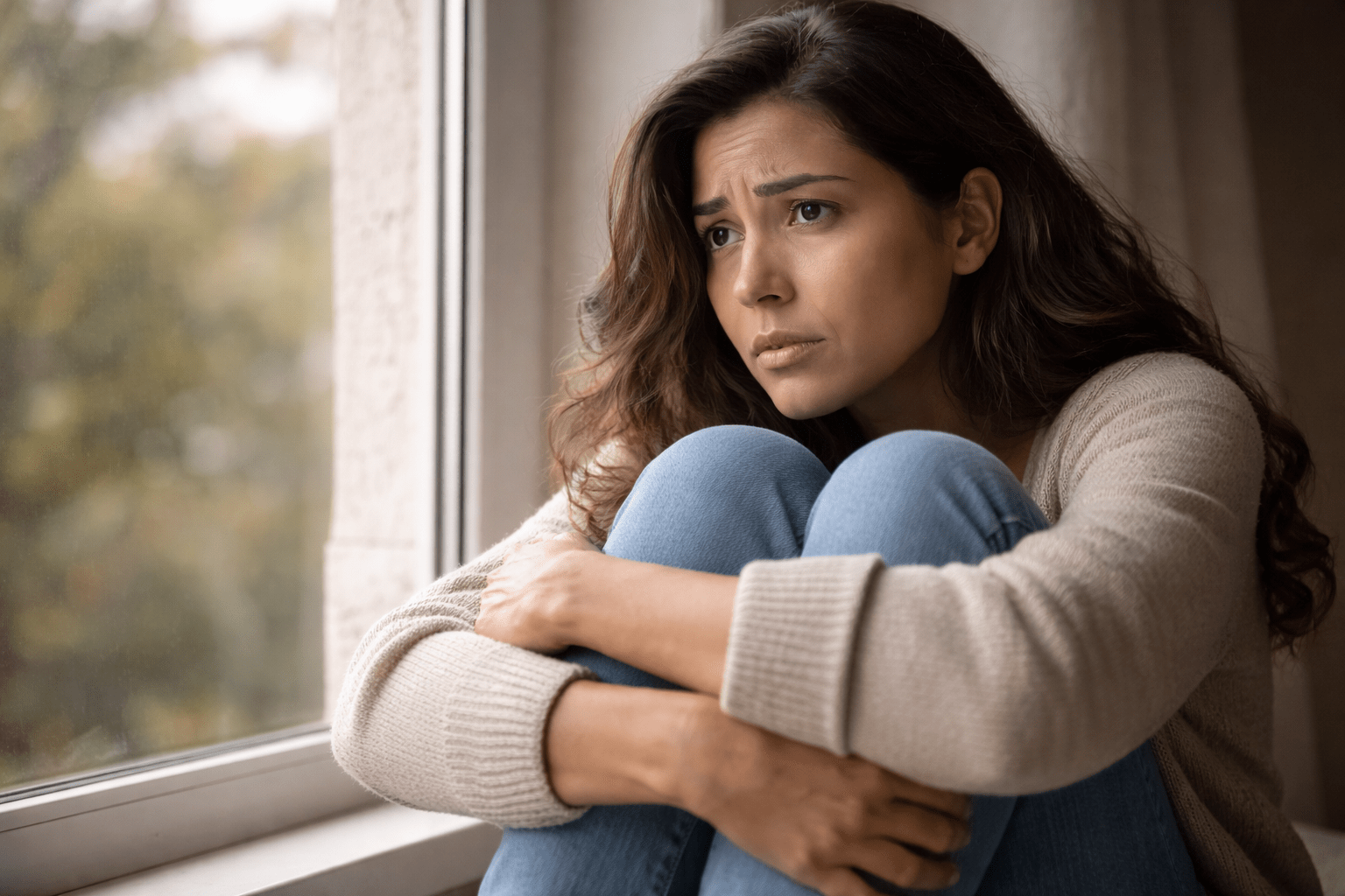 Mujer latina abrazando sus rodillas junto a una ventana con luz suave, reflejando nerviosismo y vulnerabilidad emocional frente al miedo al abandono.