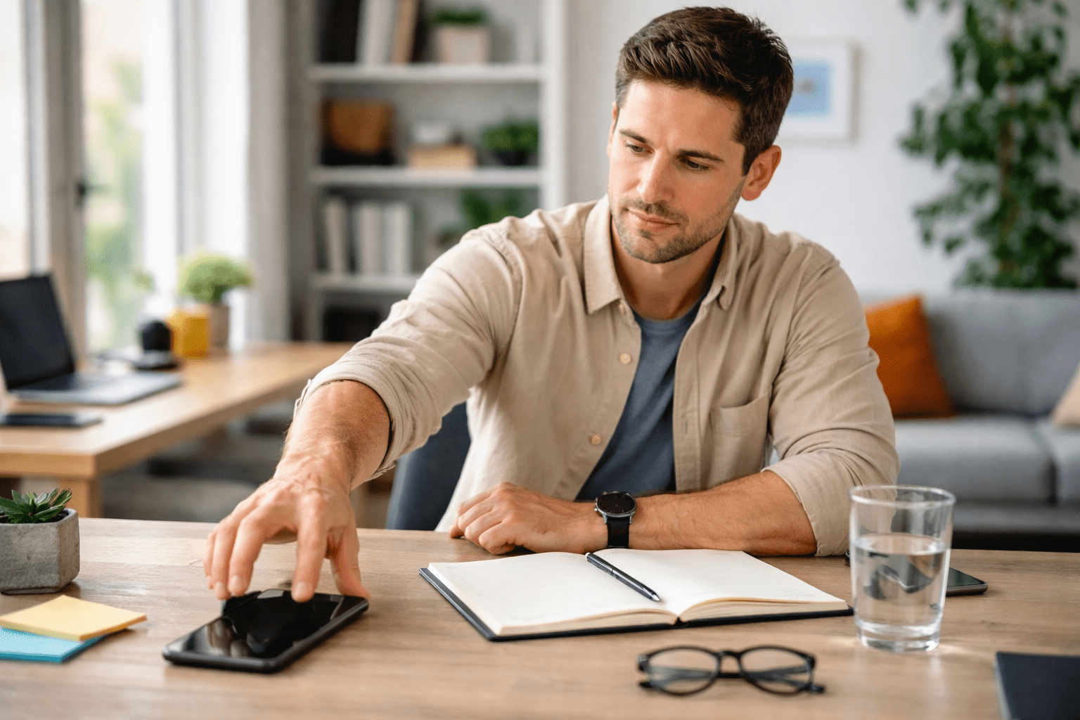 Hombre apagando el celular y comenzando a trabajar concentrado en su escritorio en casa, representando decisión y disciplina para dejar un mal hábito.