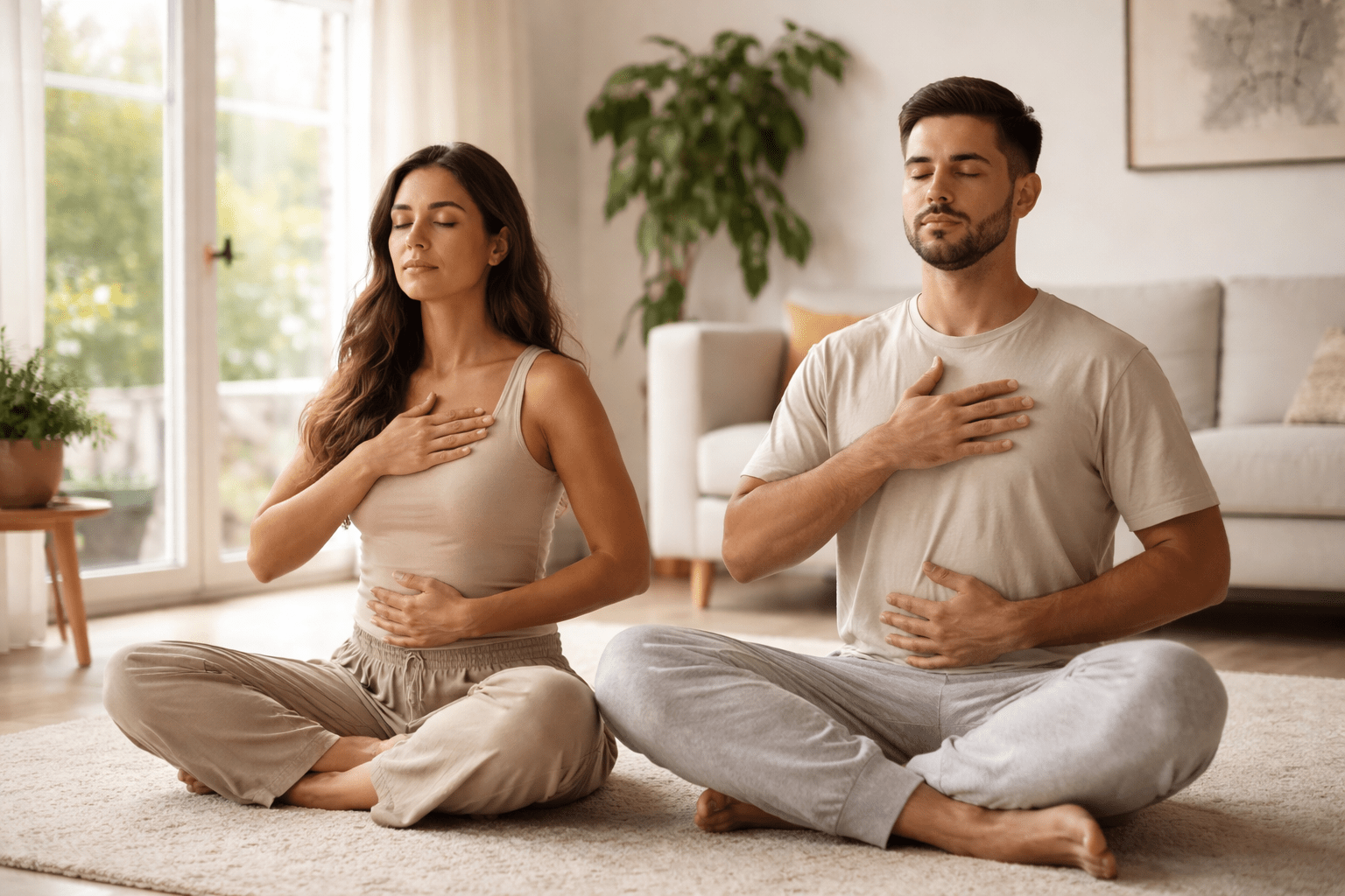Hombre y mujer latinos practicando respiración consciente en un living minimalista con luz natural suave entrando por la ventana, sentados en el suelo con postura relajada y manos sobre pecho y abdomen, ambiente cálido y sereno.