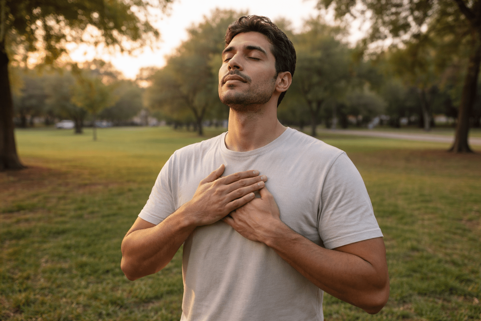 Hombre latino practicando respiración profunda en un parque al amanecer con expresión serena y manos sobre el pecho, simbolizando calma y regulación emocional.
